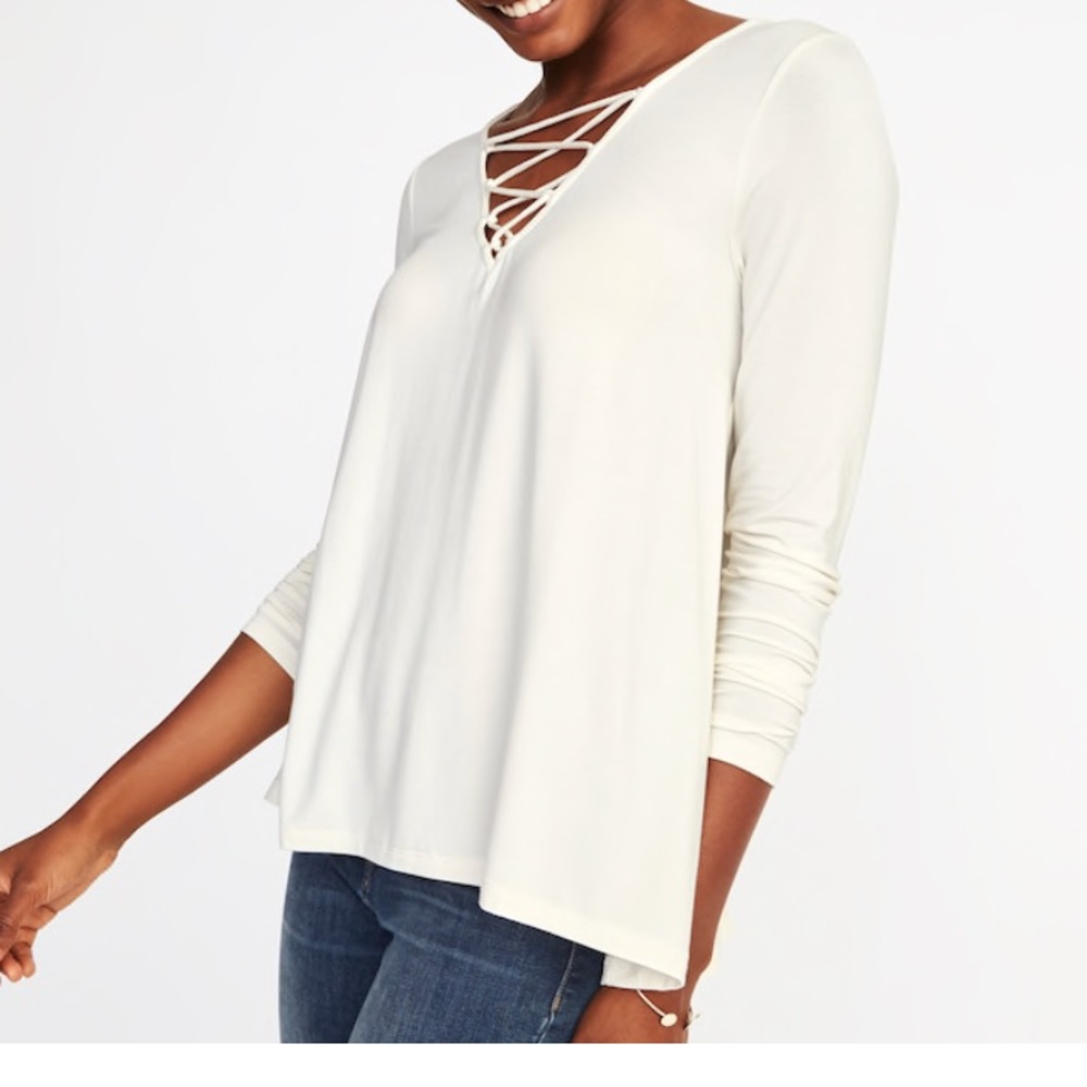 Lace-up yoke long sleeve swing top